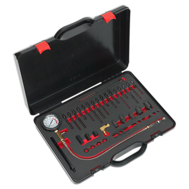 The Sealey Compression Test Kit - Diesel - VSE3158 is a black toolkit case featuring various automotive tools, such as a pressure gauge, hoses, adapters, and connectors, all neatly organized in foam cutouts. It's ideal for working on diesel vehicles and includes dummy glow plugs for precise diagnostics.