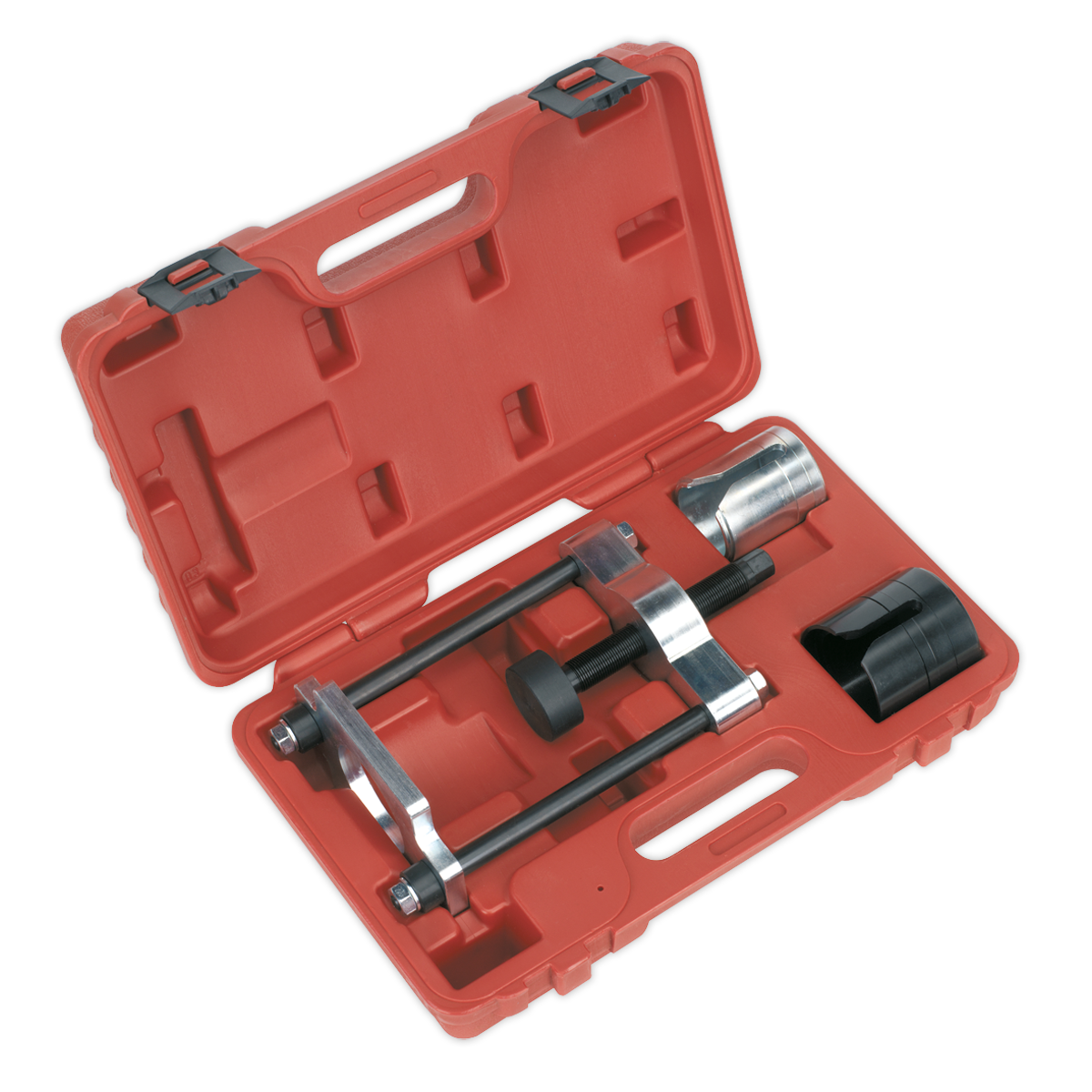 The Sealey Rear Trailing Arm Bush Tool - Ford, Mazda, Volvo - VSE4780 is a red plastic carrying case containing a puller tool and several attachments, perfect for removing rear axle components or servicing rear trailing arm bushes on Ford, Mazda, and Volvo vehicles.