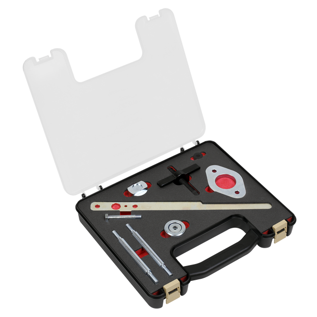 A Sealey Front Upper Control Arm Bush Tool - VAG - VSE4789, stored in a plastic case with foam padding, contains various precision tools and components. This time-saving tool kit features an open design with a white lid and black interior, making it perfect for efficiently replacing control arm bushes in VAG vehicles.