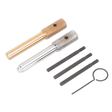 Two metal knurled pins, one gold and one silver, accompanied by four straight pins and a circular clip, all arranged on a white background—perfect components for your Sealey Diesel Engine Timing Tool Kit (VSE5842) compatible with Ford Duratorq or Fiat/JLR/LDV/PSA 2.0D/2.2D/2.4D/3.2D chain drive engines.