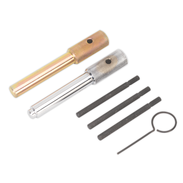 Two metal knurled pins, one gold and one silver, accompanied by four straight pins and a circular clip, all arranged on a white background—perfect components for your Sealey Diesel Engine Timing Tool Kit (VSE5842) compatible with Ford Duratorq or Fiat/JLR/LDV/PSA 2.0D/2.2D/2.4D/3.2D chain drive engines.