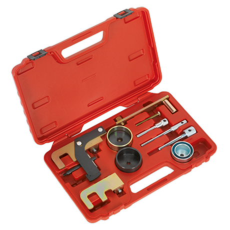 The Sealey Diesel Engine Timing Tool Kit (VSE5871A) is a red plastic tool case that includes an array of automotive tools specifically designed for Renault, Nissan, Suzuki, Mitsubishi, Dacia GM diesel engines (1.5D/1.9D/2.2D/2.5D). The kit contains a timing belt toolset with pulleys, wrenches, alignment tools and features crankshaft locking pins for precise timing belt replacement tasks.