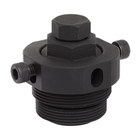 The Sealey Fuel Pump Sprocket Remover - VSE5933, designed for Hyundai Kia chain drive diesel engines, is a black, threaded industrial connector featuring a hexagonal bolt on top and two side bolts.