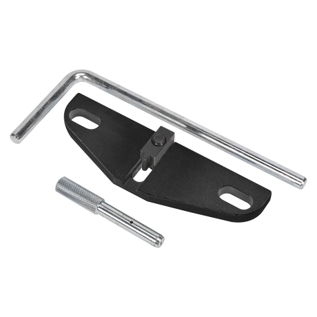 The Sealey Diesel Engine Timing Tool Kit - for Ford, Jaguar, Land Rover, and Volvo 2.0D/2.2D/TDCi/TD4 engines with belt drive (model VSE6126) includes a black fixture with two slots, an L-shaped hex key, and a silver cylindrical pin—perfect for timing belt replacement.