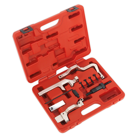 The Sealey Petrol Engine Timing Tool Kit - VSE6131, ideal for maintaining your BMW Mini, Citroen, or Peugeot with chain drive systems, comes in a red plastic case and includes a variety of metal tools such as wrenches for all your automotive maintenance needs.