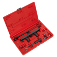 The Sealey Petrol Engine Belt Replacement & Chain in Head Service Kit - VAG 1.8/1.8T, 2.0 FSi/TFSi/TSi, 2.0 S/R (VSE6171) is a red plastic tool case that contains various automotive timing tools, including specialized camshaft timing tools arranged in molded compartments, specifically designed for VAG engines.