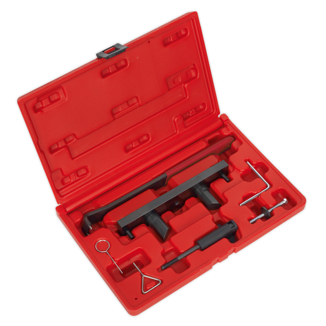 The Sealey Petrol Engine Belt Replacement & Chain in Head Service Kit - VAG 1.8/1.8T, 2.0 FSi/TFSi/TSi, 2.0 S/R (VSE6171) is a red plastic tool case that contains various automotive timing tools, including specialized camshaft timing tools arranged in molded compartments, specifically designed for VAG engines.