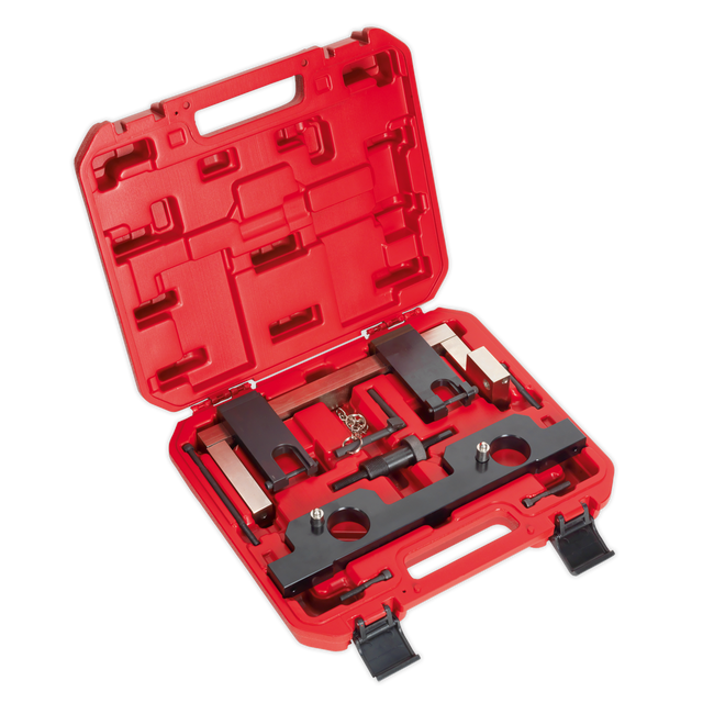 A red plastic case from Sealey containing the Petrol Engine Timing Tool Kit - for BMW 2.0 N20/N26 Chain Drive (VSE6188), which includes camshaft and crankshaft positioning tools as well as Vanos unit position tools, all arranged neatly in designated slots.