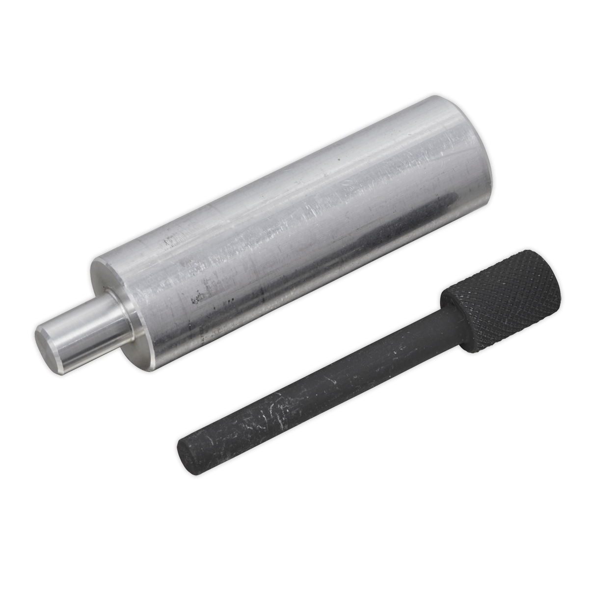 A metallic cylindrical tool and a flat-ended cylindrical object, resembling Sealey's Camshaft Pulley Alignment Pins for Ford 2.0D - VSE6712, are shown against a white background.