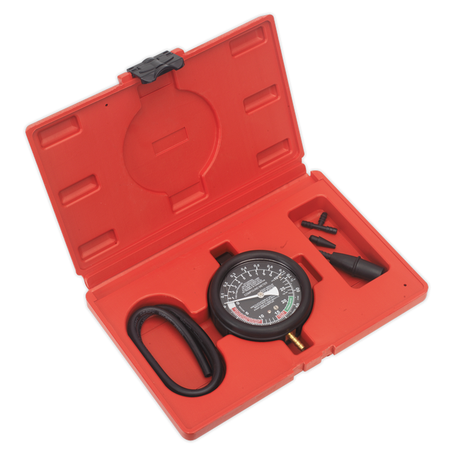The Sealey Vacuum & Fuel Pump Pressure Test Gauge Set - VSE952 is a red plastic case containing an Ø80mm gauge, a rubber hose, and various small attachments for identifying fuel line leaks.
