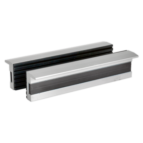 Two Sealey Soft Jaws for Vices - 125mm - VSJ125, one in black and one in silver with an aluminium body, placed parallel to each other on a white background.