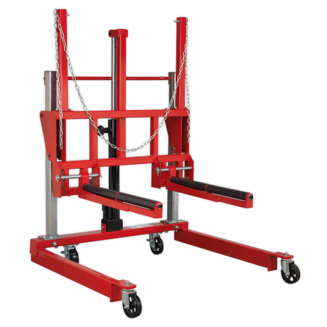 Sealey's Wheel Removal Trolley 500kg Adjustable Width - W508T, with black rollers and an adjustable roller width, is designed for lifting and transporting heavy materials.