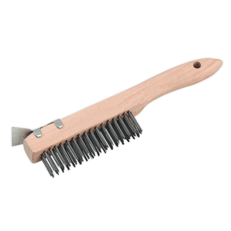 Sealey's Wire Brush with Steel Fill & Scraper 260mm - WB03 features a wooden handle, a steel scraper on the end, and densely packed bristles ideal for general-purpose applications.