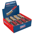 A display box containing 24 Sealey Wire Brush Brassed Steel Plastic Handle brushes.