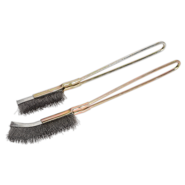Two Sealey Wire Brush Set 2pc - WB06 brushes with Skeletal handles and crimped steel fill black bristles are shown. The brushes are positioned parallel to each other, ideal for general-purpose applications.