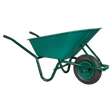 The Sealey Wheelbarrow 85L - WB85 is a green wheelbarrow with a single wheel and black handles, featuring a durable tubular steel frame for transporting materials in construction or gardening.