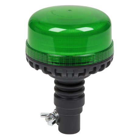 The Sealey Warning Beacon SMD LED 12/24V Flexible Spigot Fixing - Green - WB955LEDG, featuring high power SMD LEDs, comes with a black base and mounting hardware, designed for safety and signaling purposes.