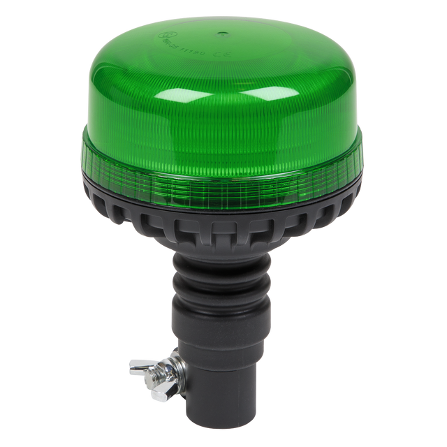 The Sealey Warning Beacon SMD LED 12/24V Flexible Spigot Fixing - Green - WB955LEDG, featuring high power SMD LEDs, comes with a black base and mounting hardware, designed for safety and signaling purposes.