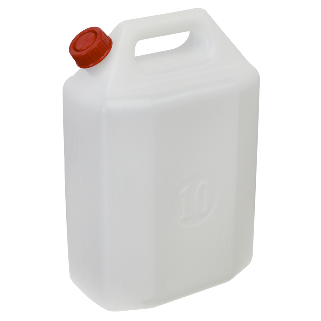 The Sealey Water Container 10L - WC10 is a white, rectangular plastic water container with a capacity of 10 liters. It is made from food-grade polyethylene and features a red screw cap along with a built-in handle near the top for easy carrying.