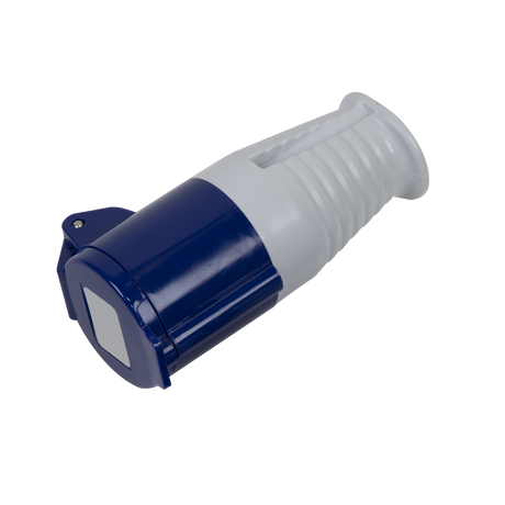 The Blue Socket 230V/16A - WC24016 by Sealey is an electrical connector plug, featuring 2P+E connectors for added reliability and a ribbed handle, shown lying on its side.