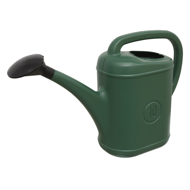 The Sealey Watering Can 10L Plastic - WCP10, featuring a long spout and a black perforated spray nozzle, is displayed against a plain white background. The detachable rose provides versatile watering options.