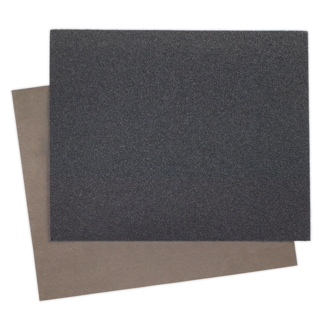 Two rectangular sheets of sandpaper overlap each other, perfect for final sanding. The top sheet is Sealey Wet & Dry Paper 230 x 280mm 1000 Grit Waterproof Paper (WD23281000) in black, while the bottom sheet is gray.