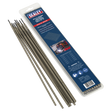 A pack of Sealey Welding Electrodes Ø3.2 x 350mm (WE1032) displayed with ten individual rods beside it. The packaging includes safety icons, product specifications, and a warning label for the E6013 electrodes suitable for mild steel welding.