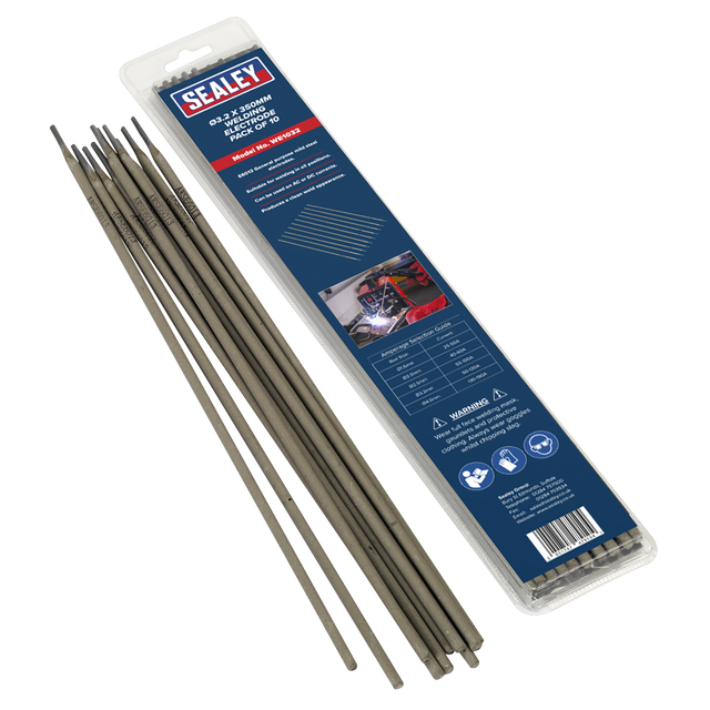 A pack of Sealey Welding Electrodes Ø3.2 x 350mm (WE1032) displayed with ten individual rods beside it. The packaging includes safety icons, product specifications, and a warning label for the E6013 electrodes suitable for mild steel welding.