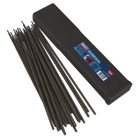 A pack of Sealey Welding Electrodes Ø3.2 x 350mm 2.5kg (WE2532) is lying next to a black plastic case with a label containing text and graphics.