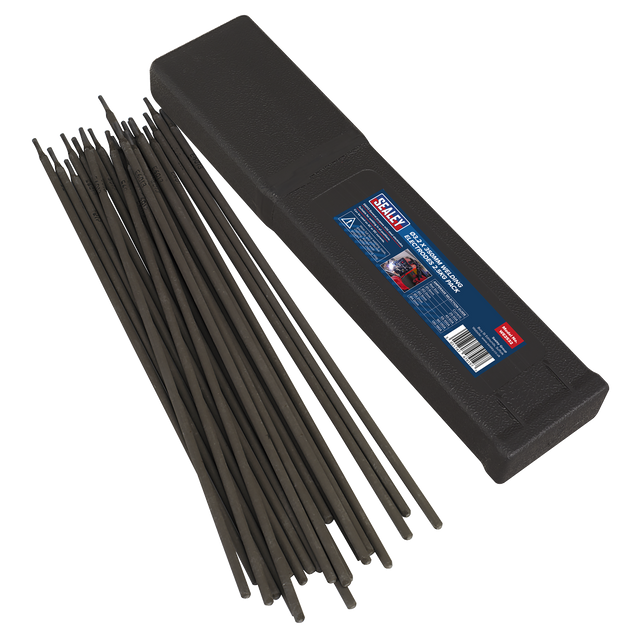 A pack of Sealey Welding Electrodes Ø3.2 x 350mm 2.5kg (WE2532) is lying next to a black plastic case with a label containing text and graphics.