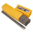 A yellow box of Sealey Welding Electrodes Hardfacing Ø2.5 x 300mm 5kg Pack - WEHF5025 is open, revealing several electrodes neatly packed inside and some laid out beside the box—ideal for repairs on agricultural and construction machinery.