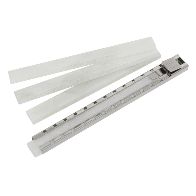 The Sealey Welder's French Chalk Holder with 4 Chalk Sticks (WFC4) is displayed alongside a metallic blade dispenser, accompanied by several translucent plastic blades for marking metals.