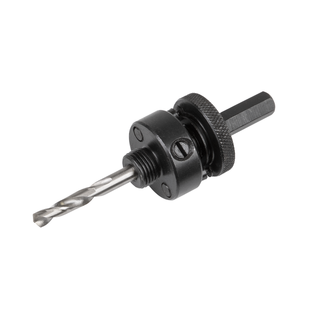 A metal drill bit with a hex shank and black attachment, designed for use with a power drill. This versatile bit is compatible with Sealey tools and can be used alongside the Hex Mandrel Ø32-152mm - WHSHL by Sealey for hole saws.