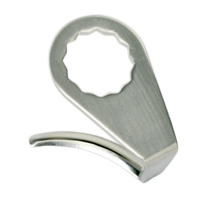 Rewritten Sentence: The Sealey Air Knife Blade - 36mm - Undercut (WK025U36) features a sleek, metallic design with a circular opening and a curved lever, epitomizing the precision reminiscent of its namesake.