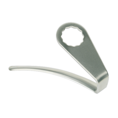 A metallic, curved bike spoke wrench with a rounded top and notched opening, embodying the precision of a Sealey Air Knife Blade - 90mm - Undercut - WK025U90.