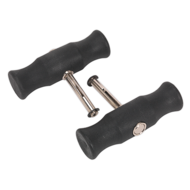 Two Wire Grip Handles - Pair (WK0512) from Sealey, featuring black ergonomic designs with chromed steel shafts and silver locking pins.