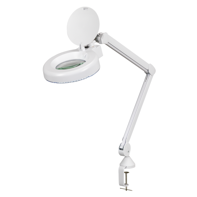 A versatile Sealey Bench Mounting Magnifying Worklight with a clamp base and 48 SMD LEDs, model WL483D.