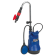 A blue, corrosion-resistant Sealey Submersible Water Butt Pump 50L/min 230V - WPB50A, featuring black hoses, a metallic handle, and equipped with an adjustable flow control red valve.