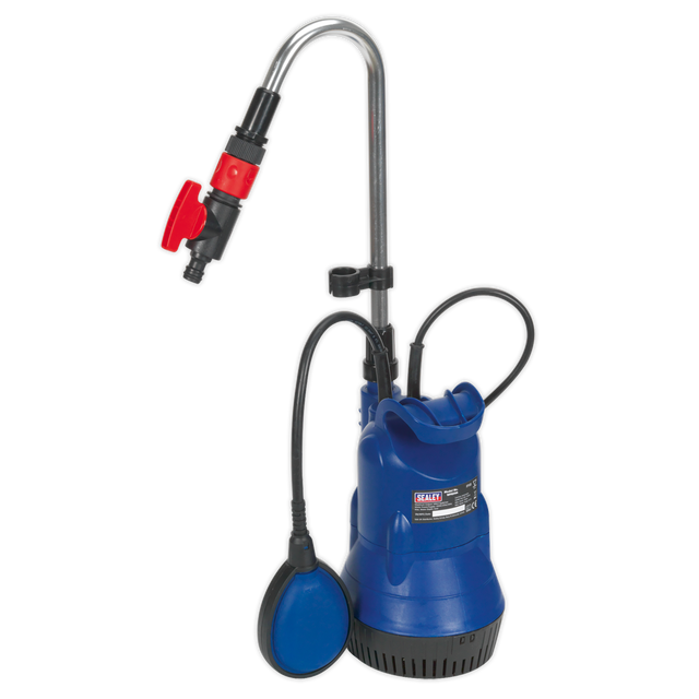 A blue, corrosion-resistant Sealey Submersible Water Butt Pump 50L/min 230V - WPB50A, featuring black hoses, a metallic handle, and equipped with an adjustable flow control red valve.
