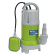 The Sealey Submersible Clean & Dirty Water Pump Automatic 217L/min 230V - WPCD215 is a corrosion-resistant pump, featuring green and gray coloring, a floating switch, foldaway feet, and a labeled blue panel.