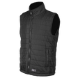 A black, quilted Heated Puffy Gilet from Sealey, fitting chest sizes 44" to 52", featuring a front zipper, high collar, and two side pockets. This water-resistant gilet includes the Sealey logo on the bottom front along with adjustable chest and waist settings for a customizable fit. Model: WPHG01.