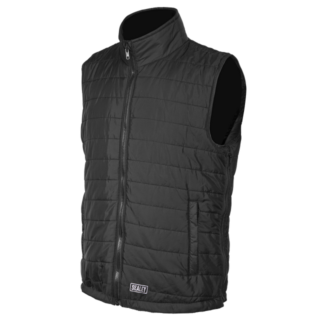 A black, quilted Heated Puffy Gilet from Sealey, fitting chest sizes 44" to 52", featuring a front zipper, high collar, and two side pockets. This water-resistant gilet includes the Sealey logo on the bottom front along with adjustable chest and waist settings for a customizable fit. Model: WPHG01.