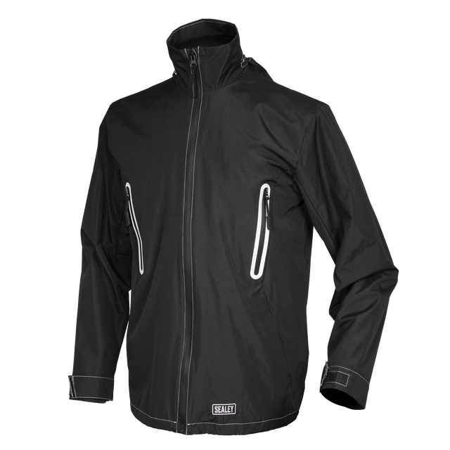 The Heated Rain Jacket 5V - Small - WPHJ01 by Sealey is a black, water-resistant jacket with a high collar, zippered front, and zippered chest pockets. Enhanced with carbon fibre heating elements and three heat modes for optimal warmth, the jacket also features adjustable cuffs and proudly displays the "Sealey" brand label at the bottom.