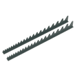 Image of two identical, black, serrated saw blades placed parallel to each other, slightly offset, reminiscent of a Sharks Teeth Spanner Rack 2pc (WR01) from Sealey.