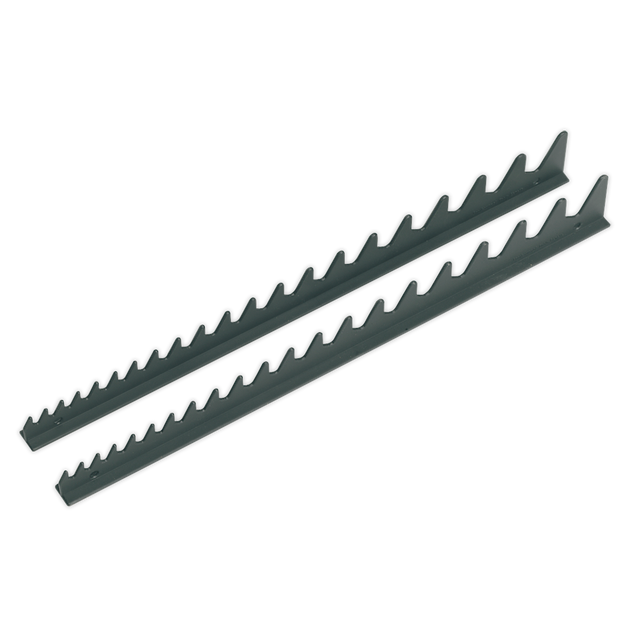 Image of two identical, black, serrated saw blades placed parallel to each other, slightly offset, reminiscent of a Sharks Teeth Spanner Rack 2pc (WR01) from Sealey.