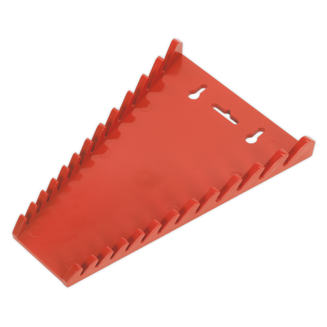 The Sealey Spanner Rack Capacity 12 Spanners - WR04 is a red plastic, wall-mounted organizer with multiple slots arranged in a staggered pattern, perfect for storing your premier hand tools securely.