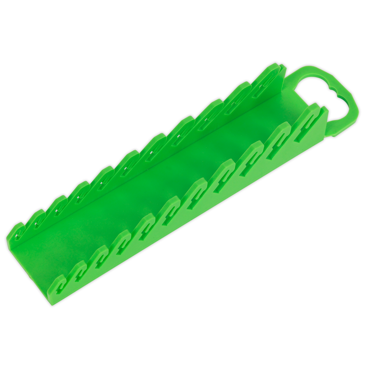 The Sealey WR10HV Spanner Rack Capacity 10 Stubby Spanners in Hi-Vis Green is a plastic tool holder with slots and a handle, designed for organizing and storing elongated tools or items, making it perfect for your Premier Hand Tools.