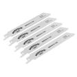 Five Sealey brand reciprocating saw blades labeled WRS3013/150 are arranged diagonally. The white blades, designed for precision cutting through iron and steel, feature serrated edges.