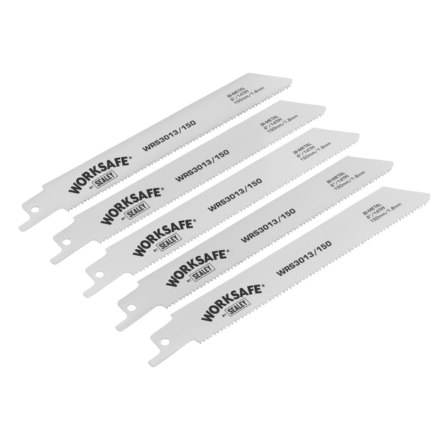 Five Sealey brand reciprocating saw blades labeled WRS3013/150 are arranged diagonally. The white blades, designed for precision cutting through iron and steel, feature serrated edges.