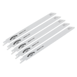 Five Sealey reciprocating saw blades, model WRS3013/250, measuring 250mm with 14 teeth per inch and ideal for cutting iron or steel, are arranged in parallel. The white blades come in a pack of five.